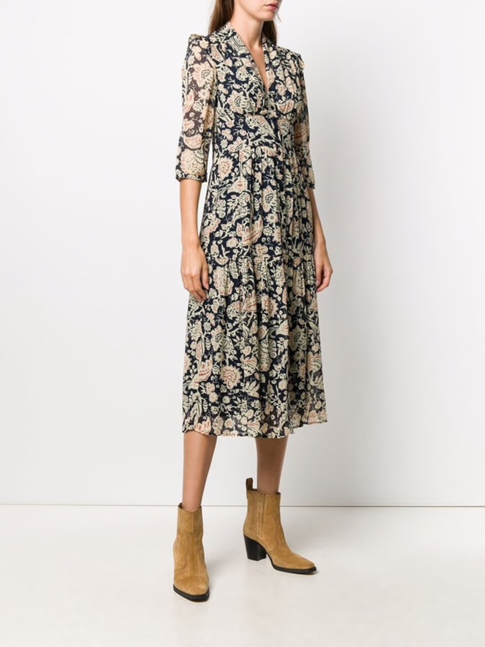 ba&sh Aline Midi Dress Womens Size 4 Navy Georgette Floral Tiered Flowy